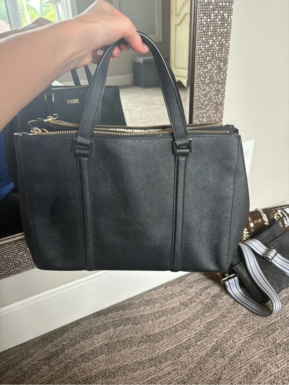 kate spade black saffiano tote with gold accents